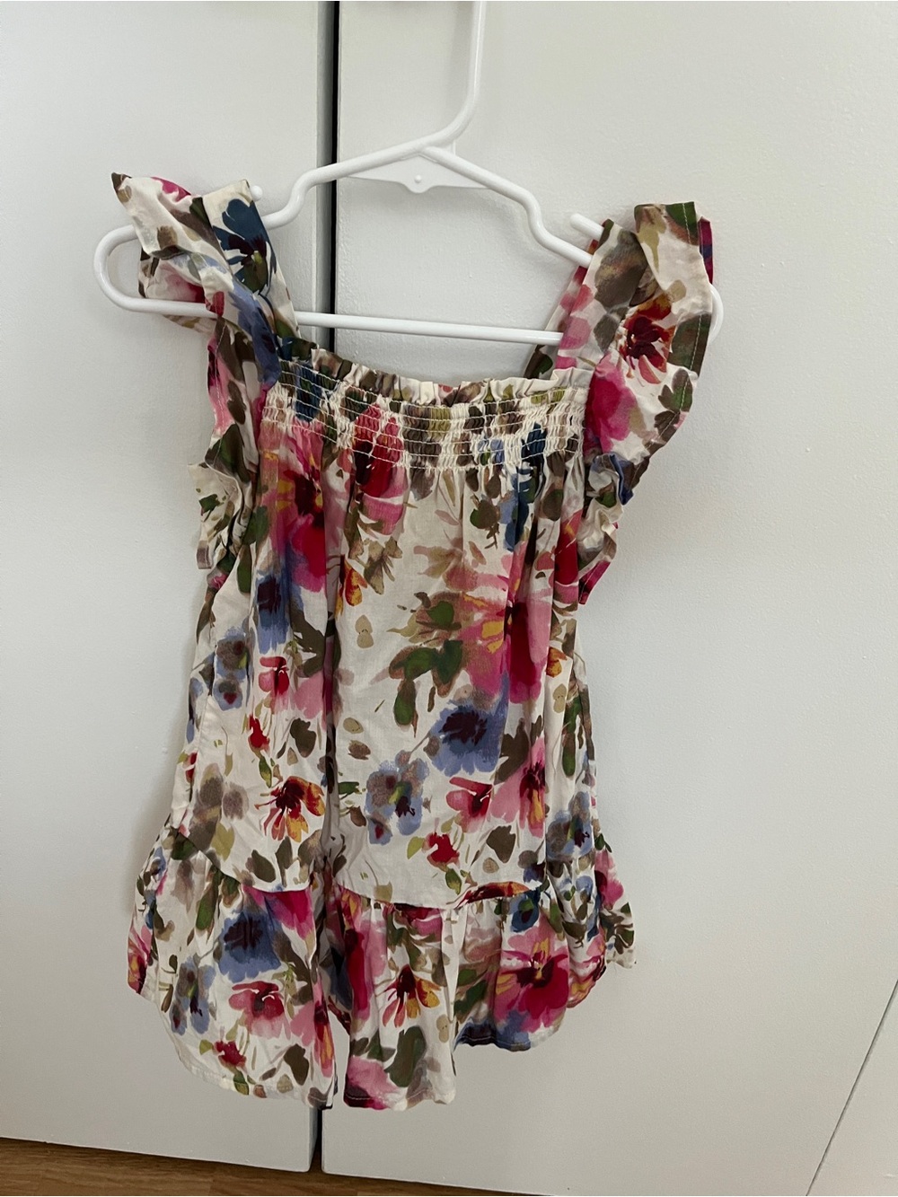 GAP Cream Floral Smocked Ruffle-Strap Dress with Pink & Blue Flowers